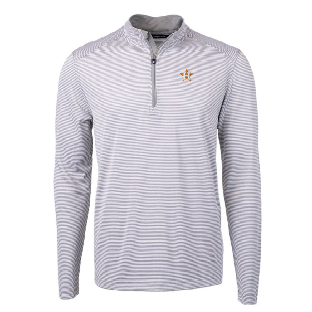 Houston Astros Cutter & Buck Virtue Eco Pique Micro Stripe Recycled Quarter-Zip Pullover Top Gray/White