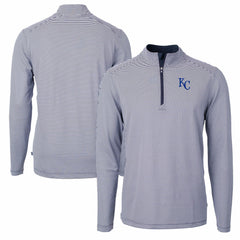Kansas City Royals Cutter & Buck Virtue Eco Pique Micro Stripe Recycled Quarter-Zip Pullover Top Navy/White