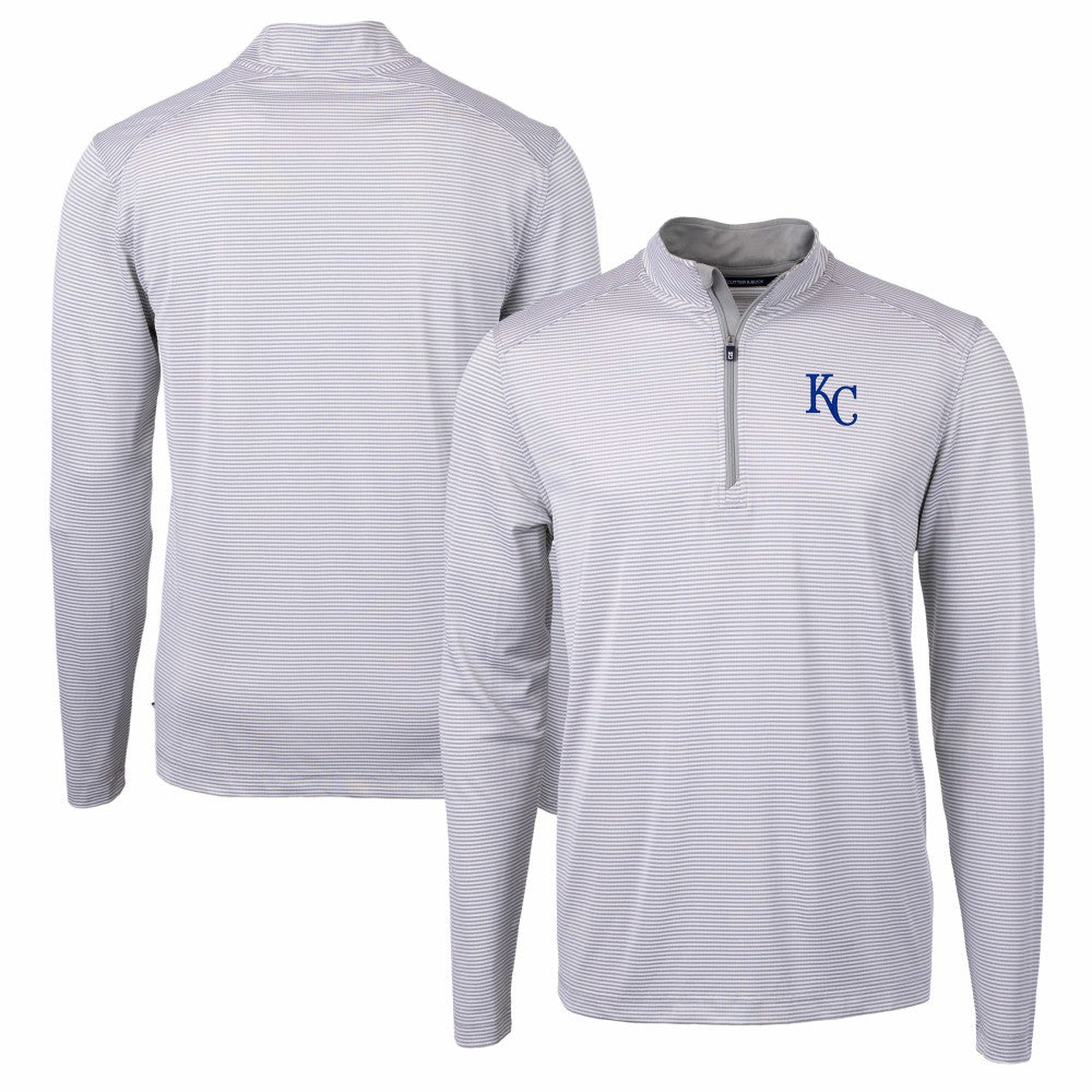 Kansas City Royals Cutter & Buck Virtue Eco Pique Micro Stripe Recycled Quarter-Zip Pullover Top Gray/White