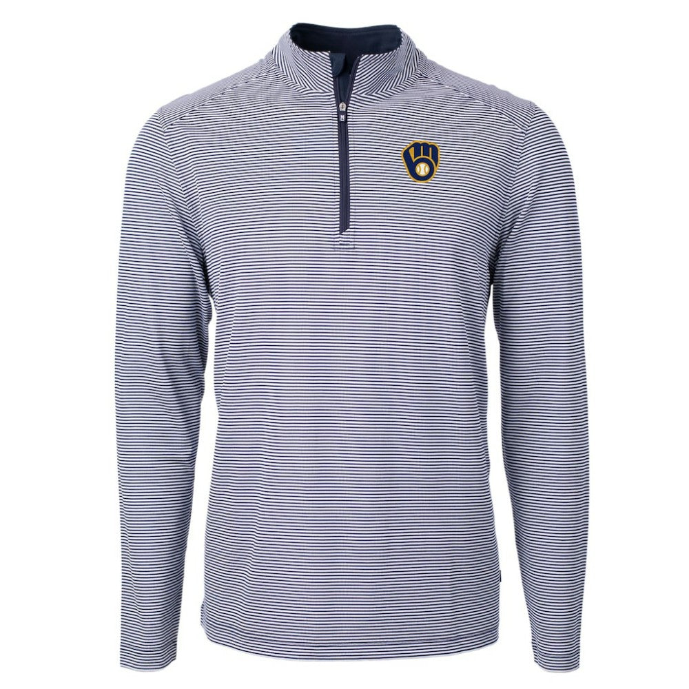 Milwaukee Brewers Cutter & Buck Virtue Eco Pique Micro Stripe Recycled Quarter-Zip Pullover Top Navy/White