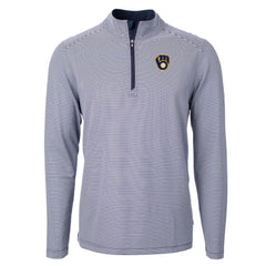 Milwaukee Brewers Cutter & Buck Virtue Eco Pique Micro Stripe Recycled Quarter-Zip Pullover Top Navy/White