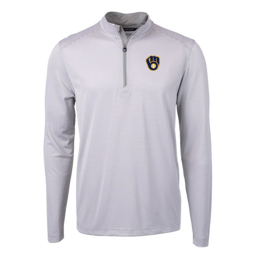 Milwaukee Brewers Cutter & Buck Virtue Eco Pique Micro Stripe Recycled Quarter-Zip Pullover Top Gray/White