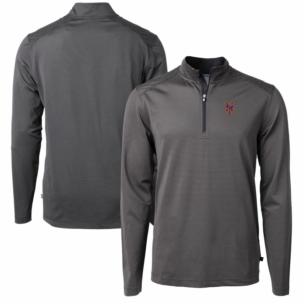 New York Mets Cutter & Buck Virtue Eco Pique Micro Stripe Recycled Quarter-Zip Pullover Top Black/Gray