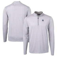 New York Yankees Cutter & Buck Virtue Eco Pique Micro Stripe Recycled Quarter-Zip Pullover Top Gray/White
