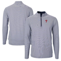 Philadelphia Phillies Cutter & Buck Virtue Eco Pique Micro Stripe Recycled Quarter-Zip Pullover Top Navy/White
