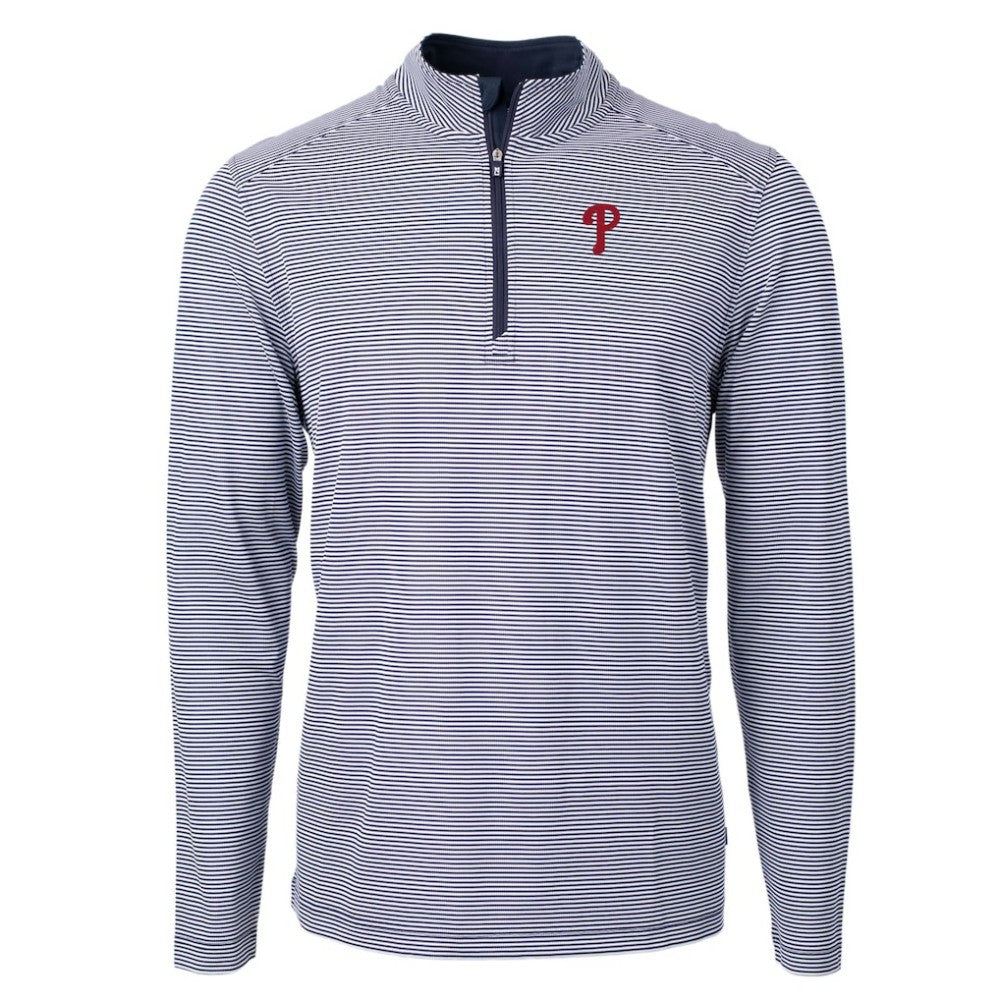 Philadelphia Phillies Cutter & Buck Virtue Eco Pique Micro Stripe Recycled Quarter-Zip Pullover Top Navy/White