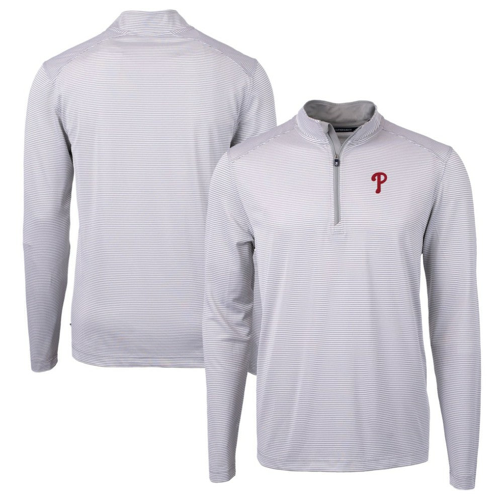 Philadelphia Phillies Cutter & Buck Virtue Eco Pique Micro Stripe Recycled Quarter-Zip Pullover Top Gray/White