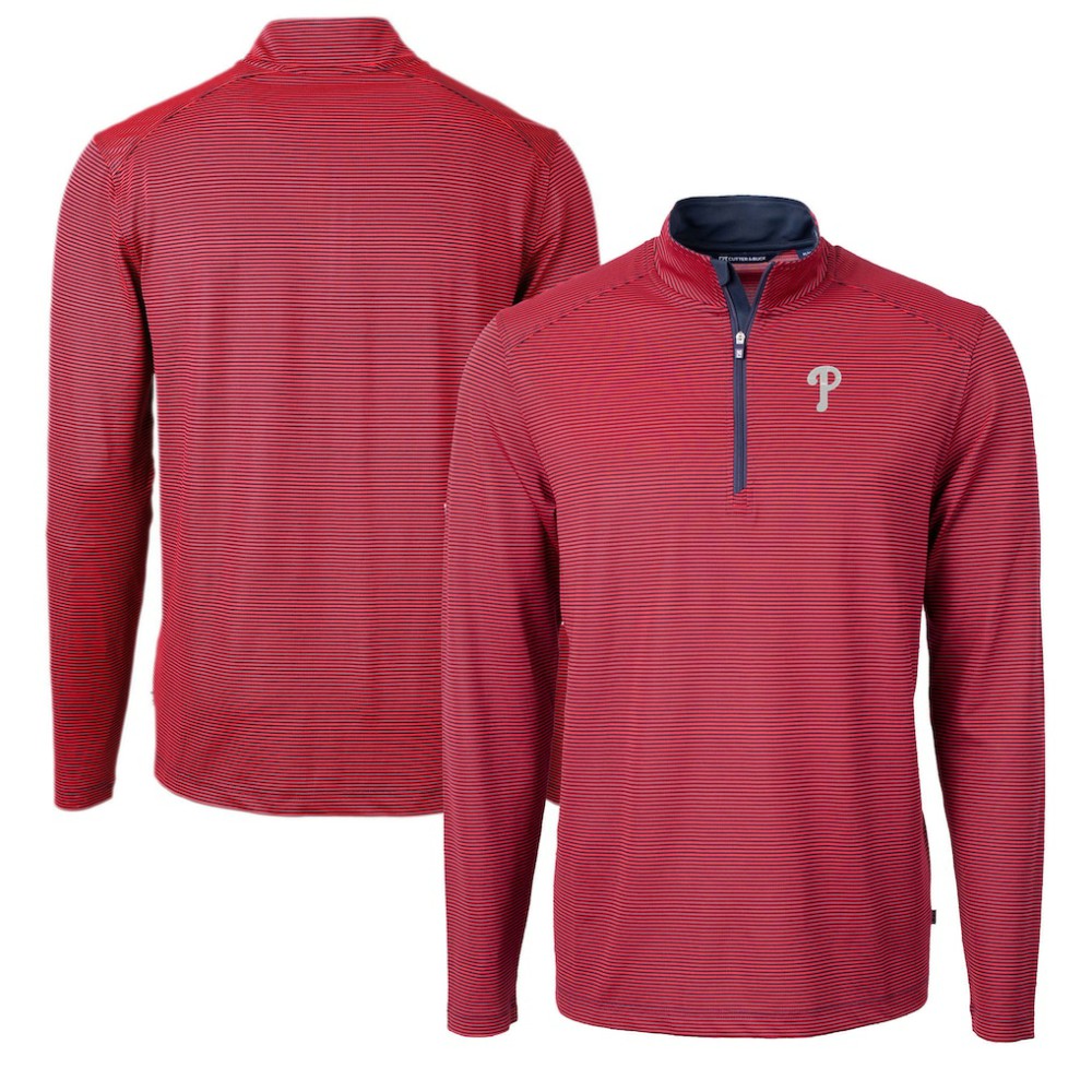 Philadelphia Phillies Cutter & Buck Virtue Eco Pique Micro Stripe Recycled Quarter-Zip Pullover Top Red/Navy