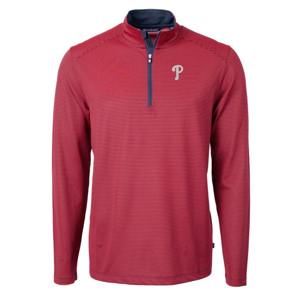 Philadelphia Phillies Cutter & Buck Virtue Eco Pique Micro Stripe Recycled Quarter-Zip Pullover Top Red/Navy