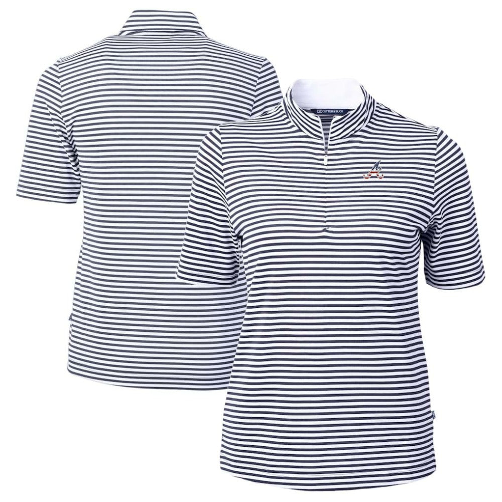 Atlanta Braves Cutter & Buck Women's Virtue Eco Pique Stripe Recycled Quarter-Zip Pullover Top Navy