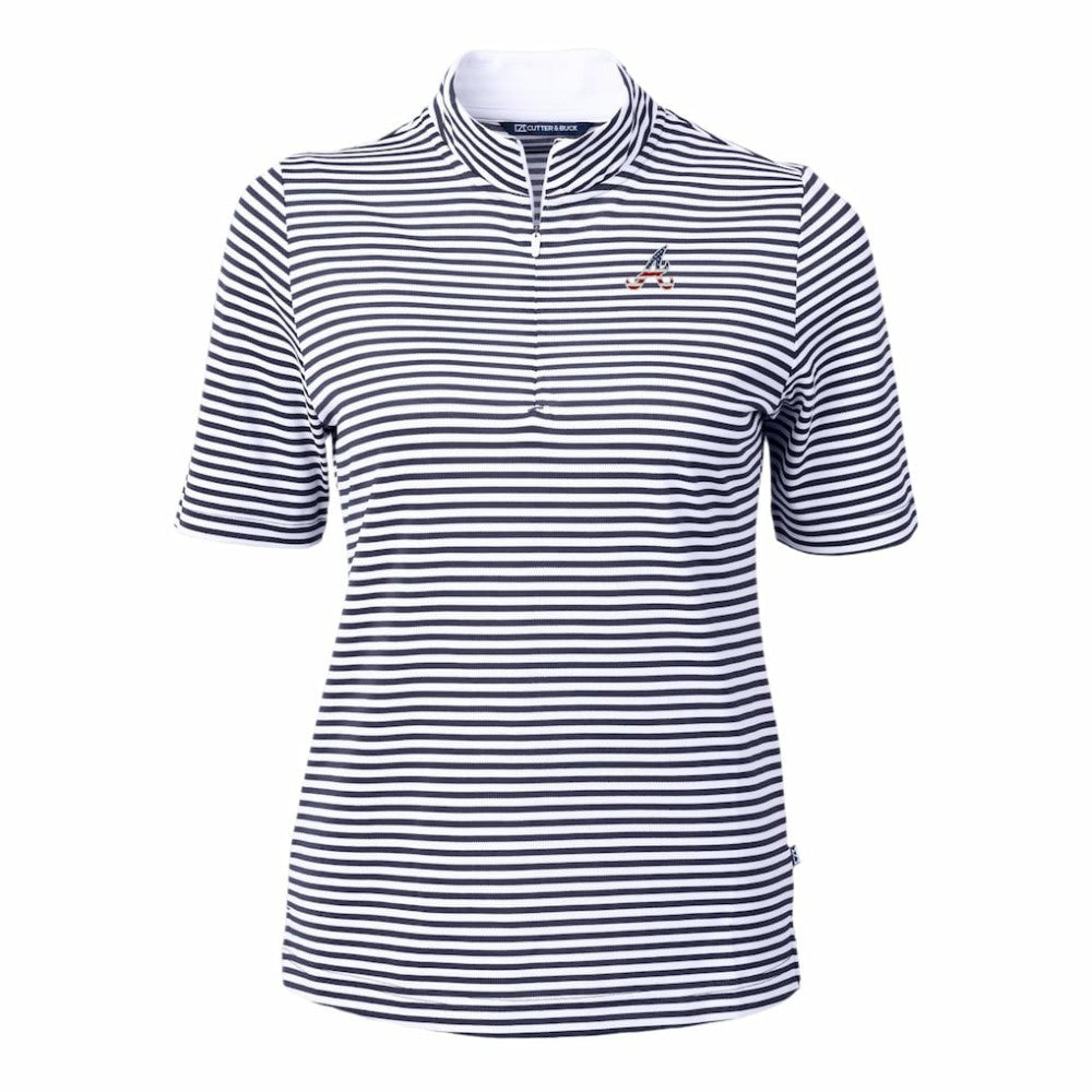Atlanta Braves Cutter & Buck Women's Virtue Eco Pique Stripe Recycled Quarter-Zip Pullover Top Navy