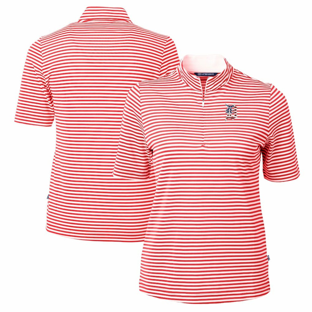 Detroit Tigers Cutter & Buck Women's Virtue Eco Pique Stripe Recycled Quarter-Zip Pullover Top Red