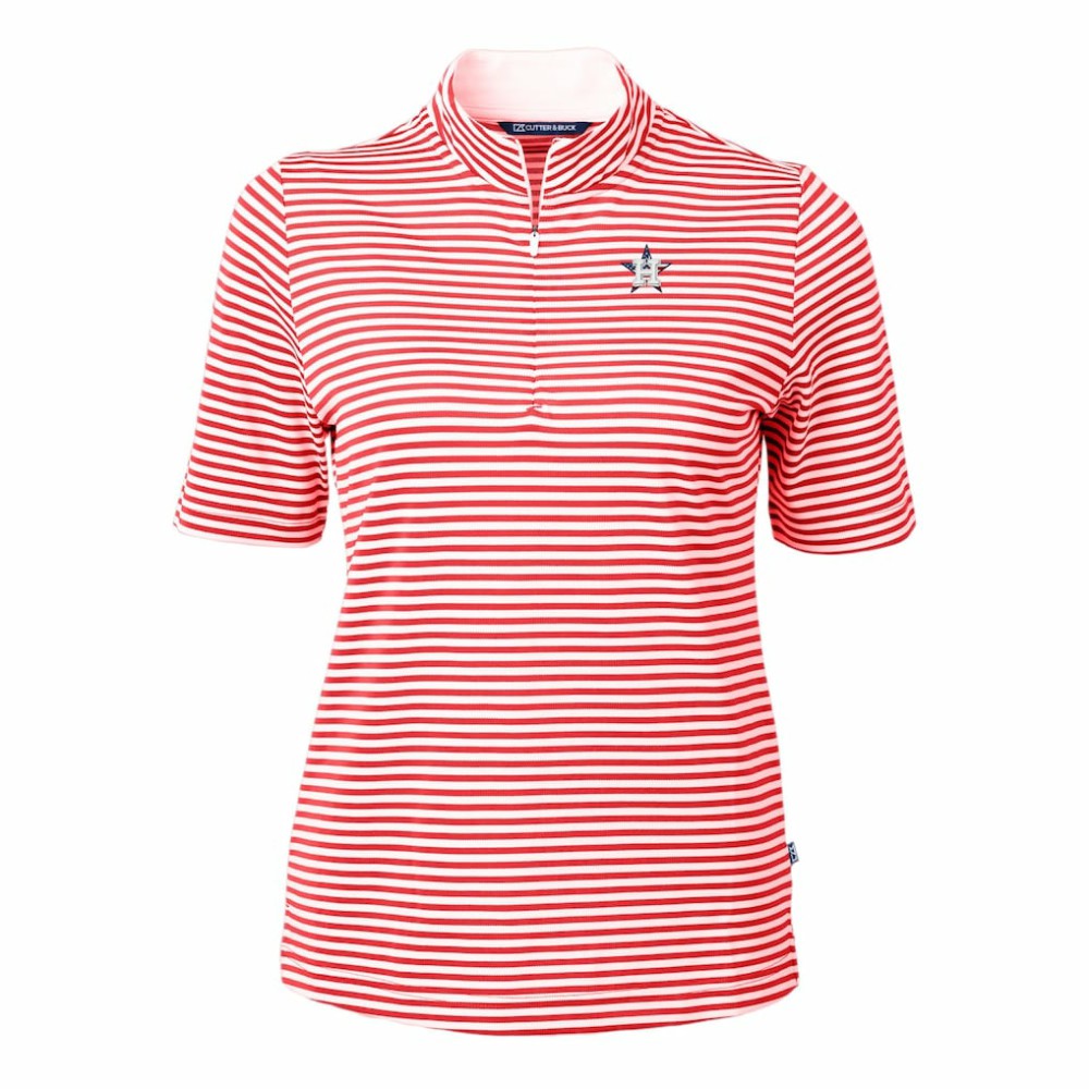 Houston Astros Cutter & Buck Women's Virtue Eco Pique Stripe Recycled Quarter-Zip Pullover Top Red
