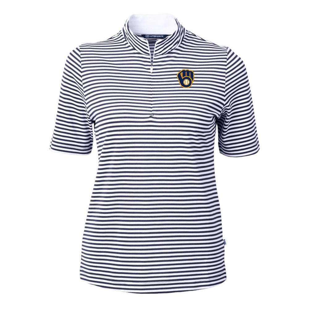 Milwaukee Brewers Cutter & Buck Women's Virtue Eco Pique Stripe Top Navy