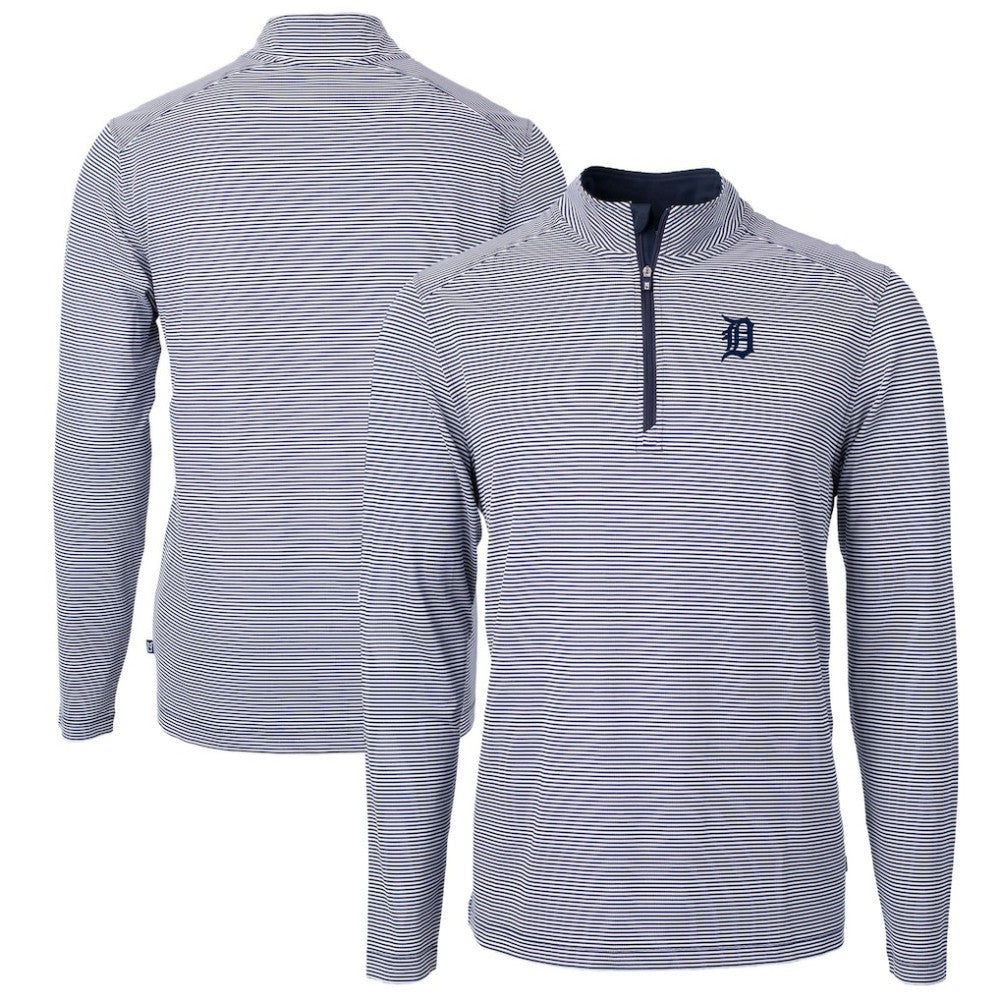 Detroit Tigers Cutter & Buck Virtue Eco Pique Micro Stripe Big & Tall Recycled Quarter-Zip Pullover Top Navy/White