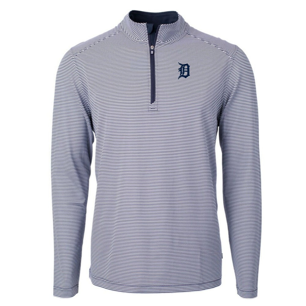 Detroit Tigers Cutter & Buck Virtue Eco Pique Micro Stripe Big & Tall Recycled Quarter-Zip Pullover Top Navy/White