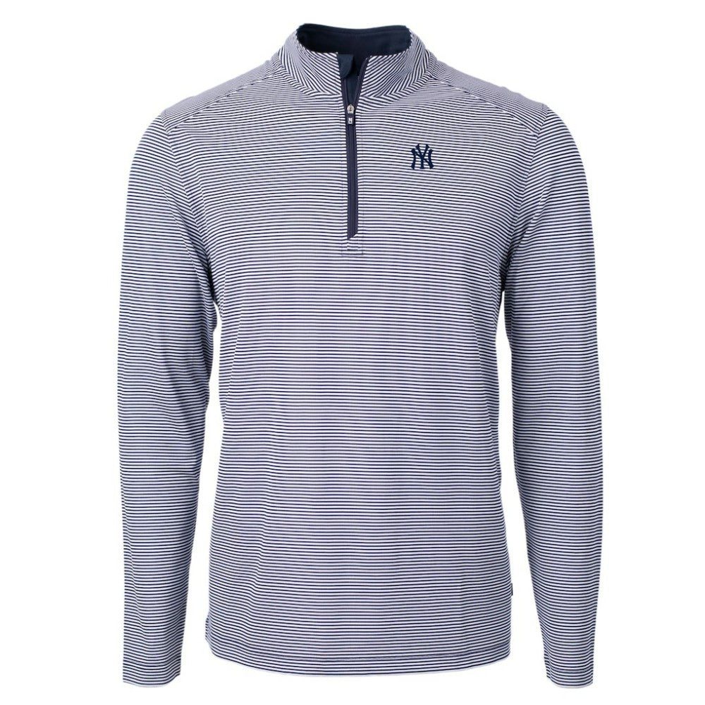 New York Yankees Cutter & Buck Virtue Eco Pique Micro Stripe Big & Tall Recycled Quarter-Zip Pullover Top Navy/White