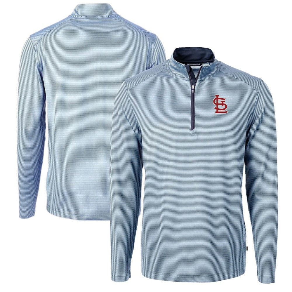St. Louis Cardinals Cutter & Buck Virtue Eco Pique Micro Stripe Big & Tall Recycled Quarter-Zip Pullover Top Light Blue/Navy