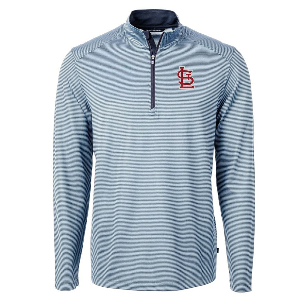 St. Louis Cardinals Cutter & Buck Virtue Eco Pique Micro Stripe Big & Tall Recycled Quarter-Zip Pullover Top Light Blue/Navy