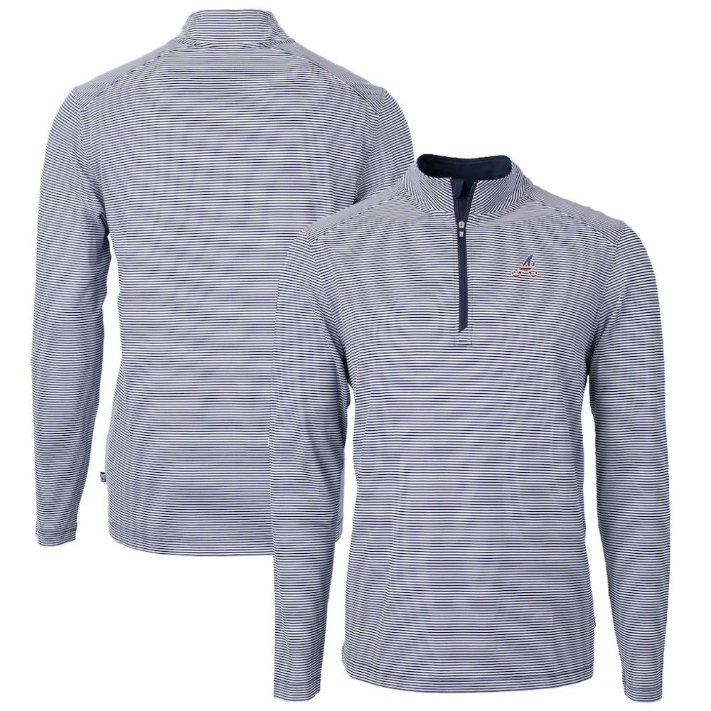 Atlanta Braves Cutter & Buck Americana Logo Virtue Eco Pique Stripe Recycled Quarter-Zip Pullover Top Navy