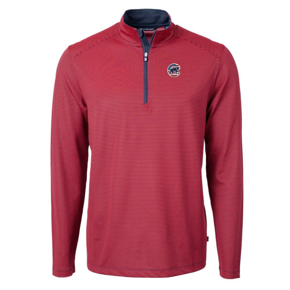 Chicago Cubs Cutter & Buck Americana Logo Virtue Eco Pique Stripe Recycled Quarter-Zip Pullover Top Red