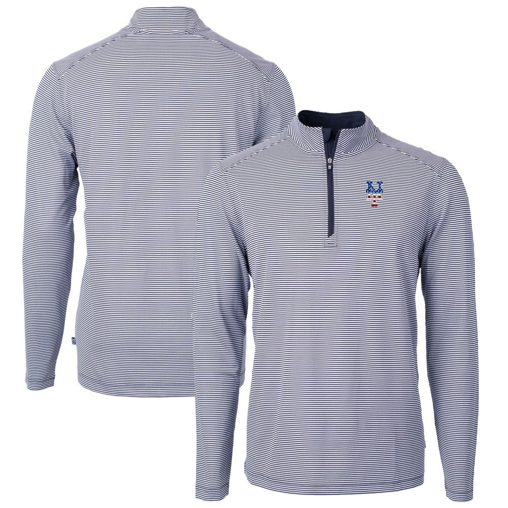 New York Mets Cutter & Buck Americana Logo Virtue Eco Pique Stripe Recycled Quarter-Zip Pullover Top Navy