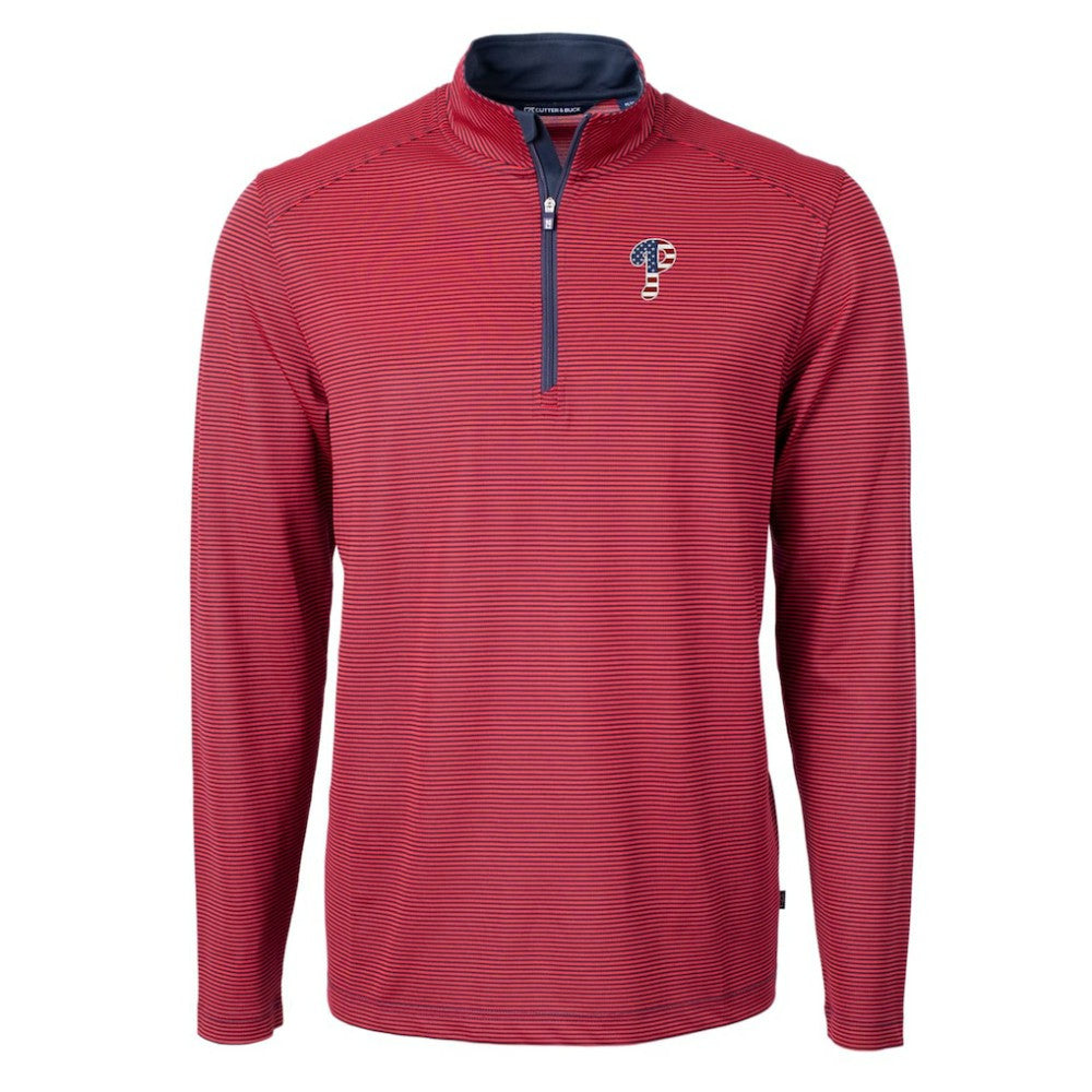 Philadelphia Phillies Cutter & Buck Americana Logo Virtue Eco Pique Stripe Recycled Quarter-Zip Pullover Top Red