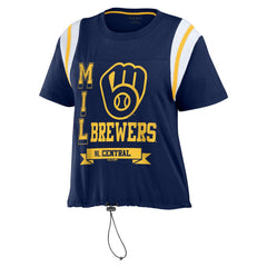 Milwaukee Brewers WEAR by Erin Andrews Women's Cinched Colorblock T-Shirt Navy