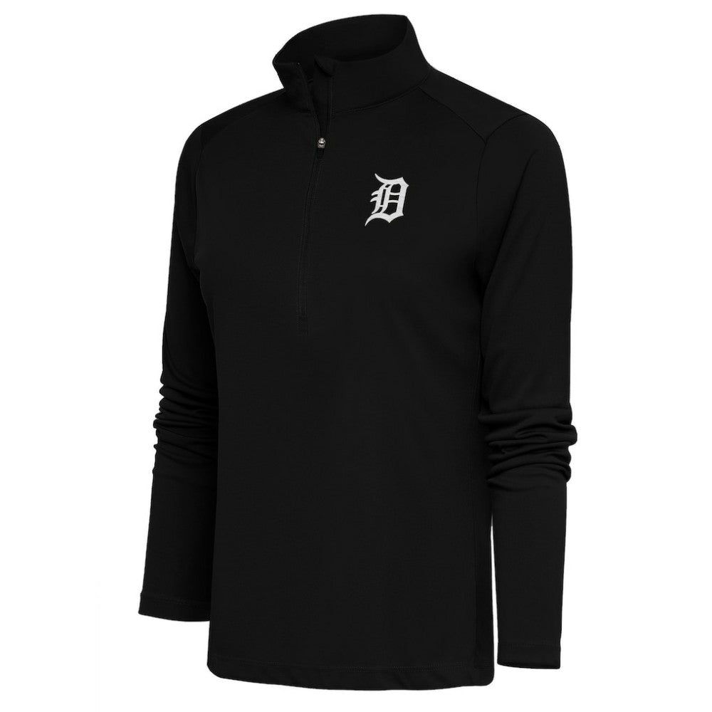 Detroit Tigers Antigua Women's Brushed Metallic Tribute Half-Zip Pullover Top Black