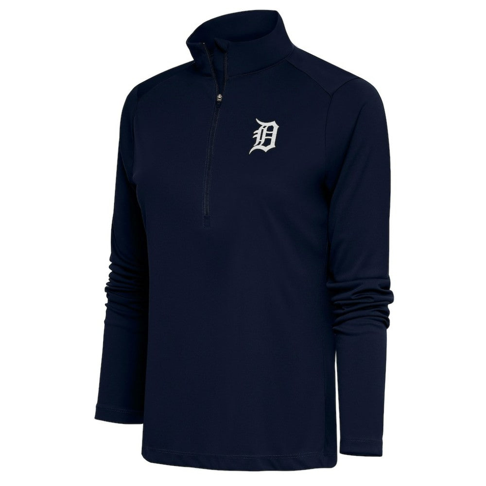 Detroit Tigers Antigua Women's Brushed Metallic Tribute Half-Zip Pullover Top Navy