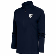 Milwaukee Brewers Antigua Women's Brushed Metallic Tribute Half-Zip Pullover Top Navy