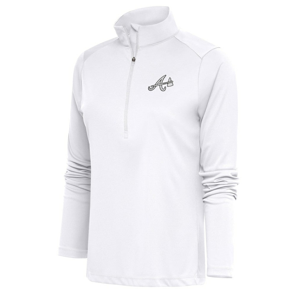 Atlanta Braves Antigua Women's Brushed Metallic Tribute Half-Zip Pullover Top White