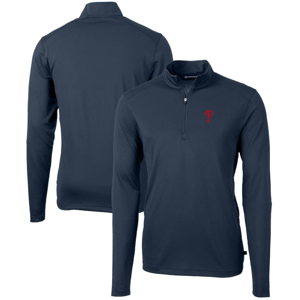 Philadelphia Phillies Cutter & Buck Virtue Eco Pique Recycled Quarter-Zip Pullover Top Navy