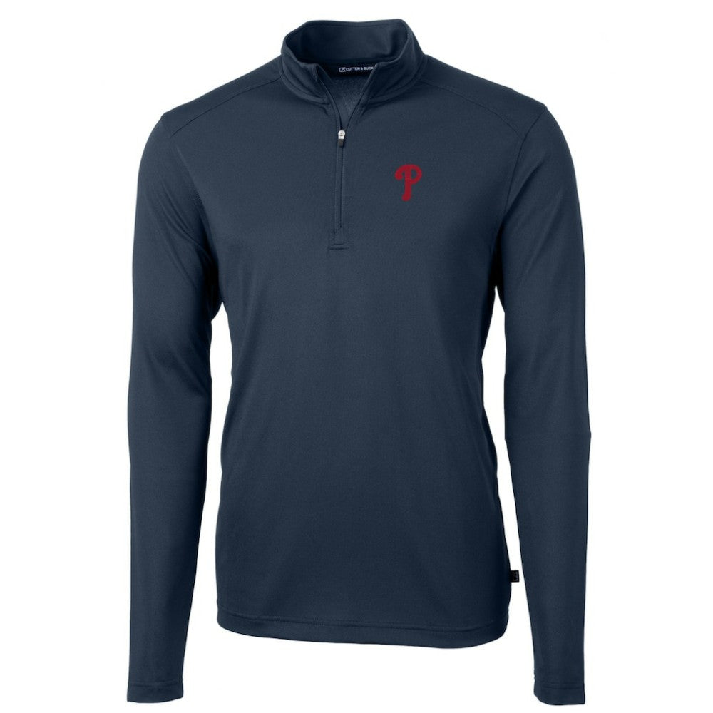 Philadelphia Phillies Cutter & Buck Virtue Eco Pique Recycled Quarter-Zip Pullover Top Navy