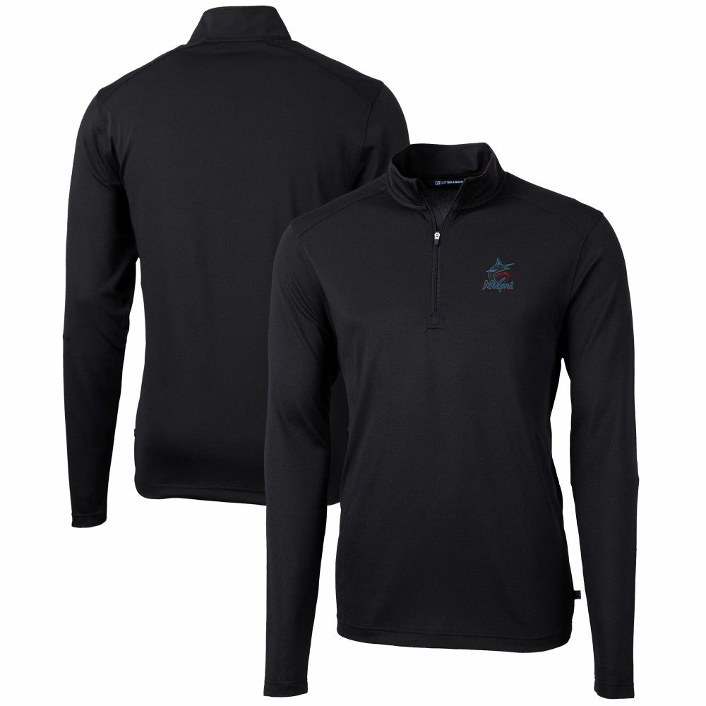 Miami Marlins Cutter & Buck Virtue Eco Pique Recycled Quarter-Zip Pullover Top Black