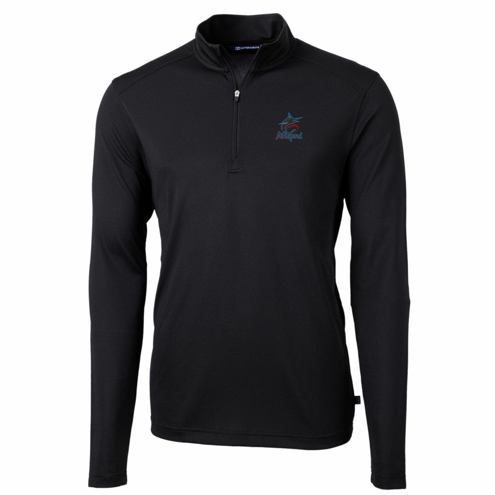 Miami Marlins Cutter & Buck Virtue Eco Pique Recycled Quarter-Zip Pullover Top Black