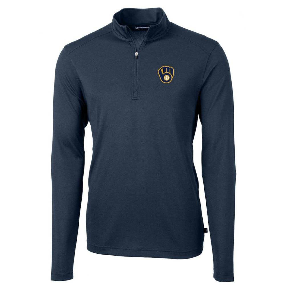 Milwaukee Brewers Cutter & Buck Virtue Eco Pique Recycled Quarter-Zip Pullover Top Navy