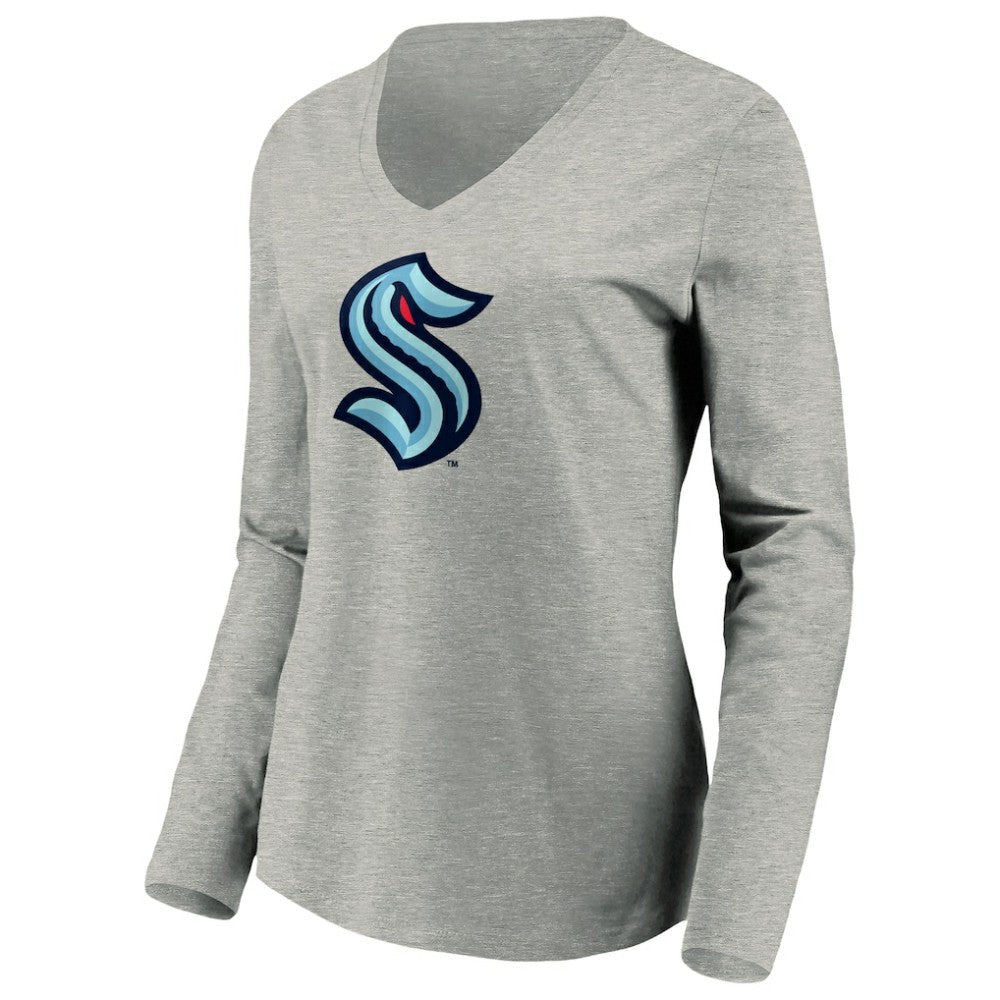 Seattle Kraken Women's Primary Logo V-Neck Long Sleeve T-Shirt Gray