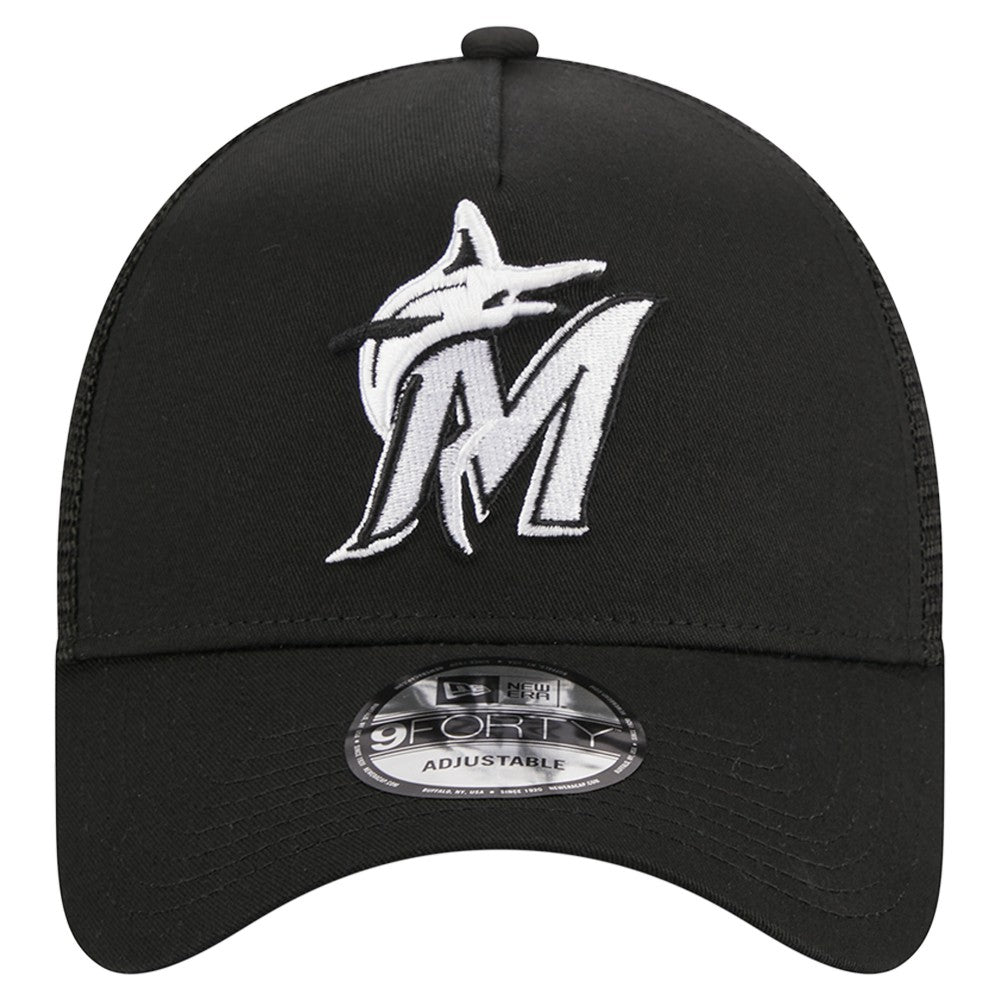 Miami Marlins A-Frame 9FORTY Trucker Adjustable Hat Black | New Era