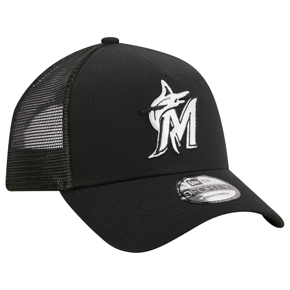 Miami Marlins A-Frame 9FORTY Trucker Adjustable Hat Black | New Era