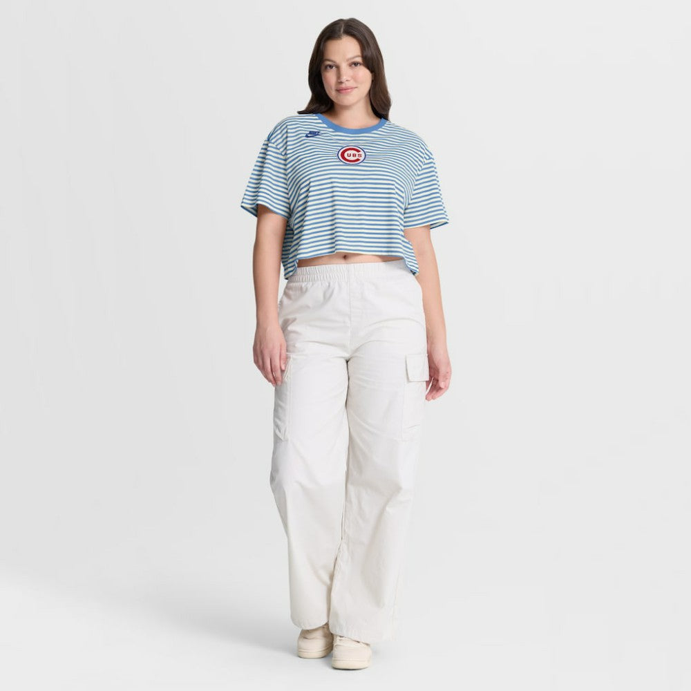 Chicago Cubs Women's Cooperstown Collection Striped Cropped T-Shirt Light Blue/Cream | Nike