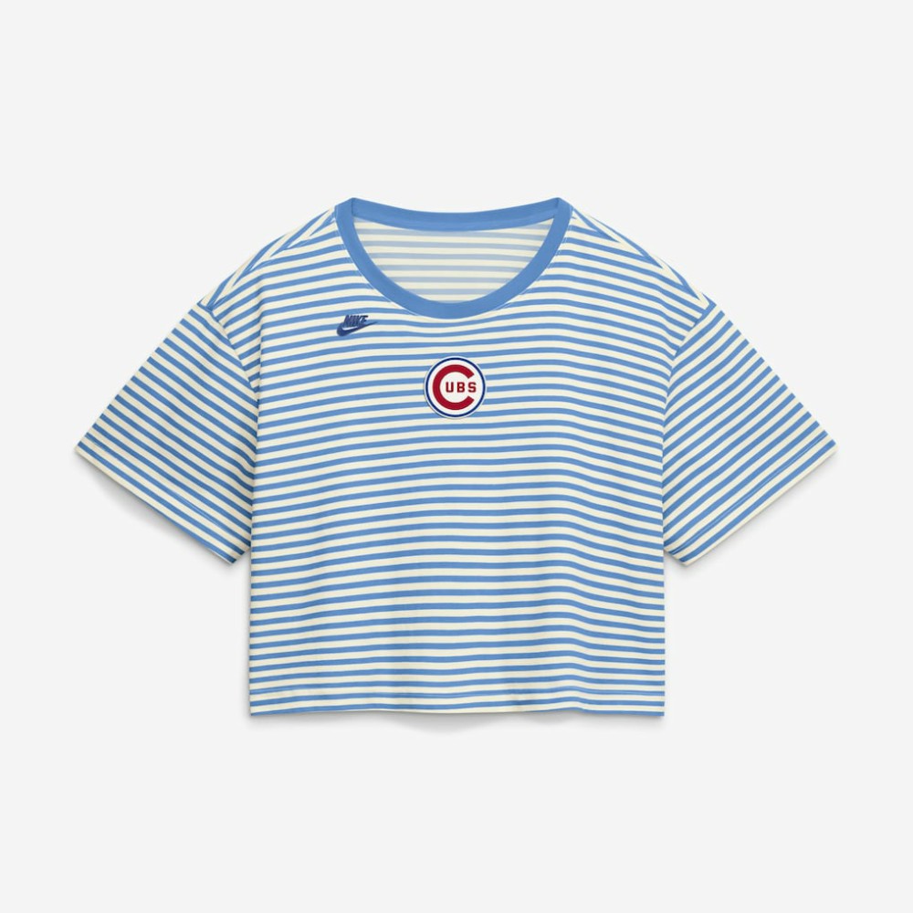 Chicago Cubs Women's Cooperstown Collection Striped Cropped T-Shirt Light Blue/Cream | Nike