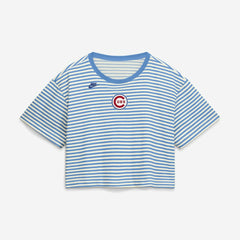 Chicago Cubs Women's Cooperstown Collection Striped Cropped T-Shirt Light Blue/Cream | Nike