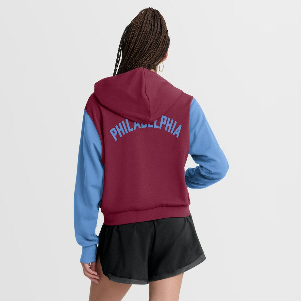 Philadelphia Phillies Women's Cooperstown Collection Cropped Full-Zip Hoodie Burgundy/Light Blue | Nike