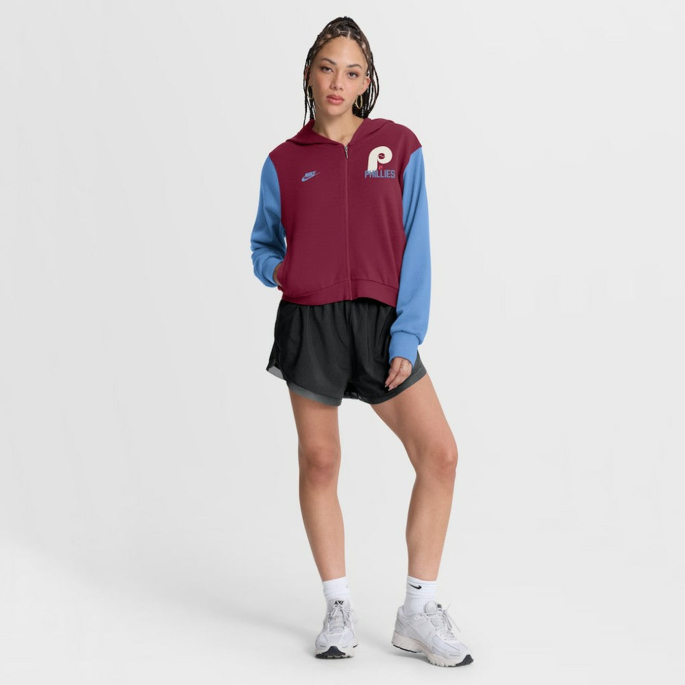 Philadelphia Phillies Women's Cooperstown Collection Cropped Full-Zip Hoodie Burgundy/Light Blue | Nike