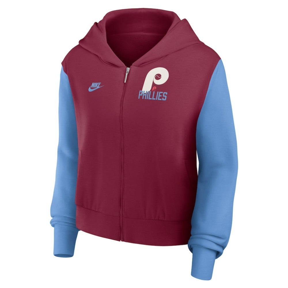 Philadelphia Phillies Women's Cooperstown Collection Cropped Full-Zip Hoodie Burgundy/Light Blue | Nike