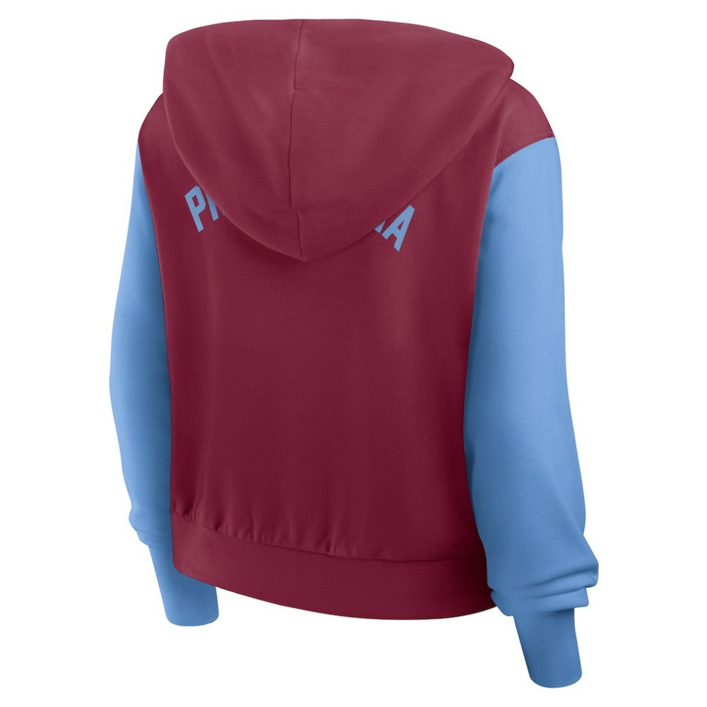 Philadelphia Phillies Women's Cooperstown Collection Cropped Full-Zip Hoodie Burgundy/Light Blue | Nike