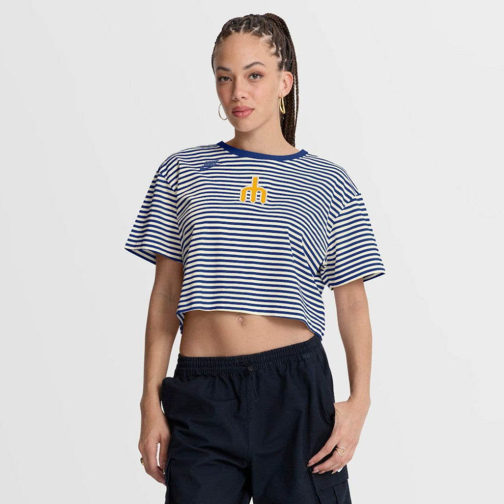Seattle Mariners Women's Cooperstown Collection Striped Cropped T-Shirt Royal/Cream | Nike