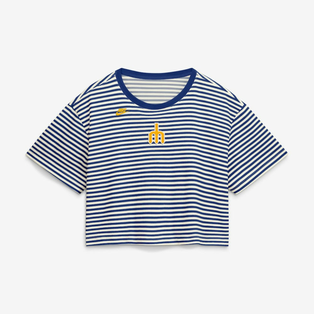 Seattle Mariners Women's Cooperstown Collection Striped Cropped T-Shirt Royal/Cream | Nike