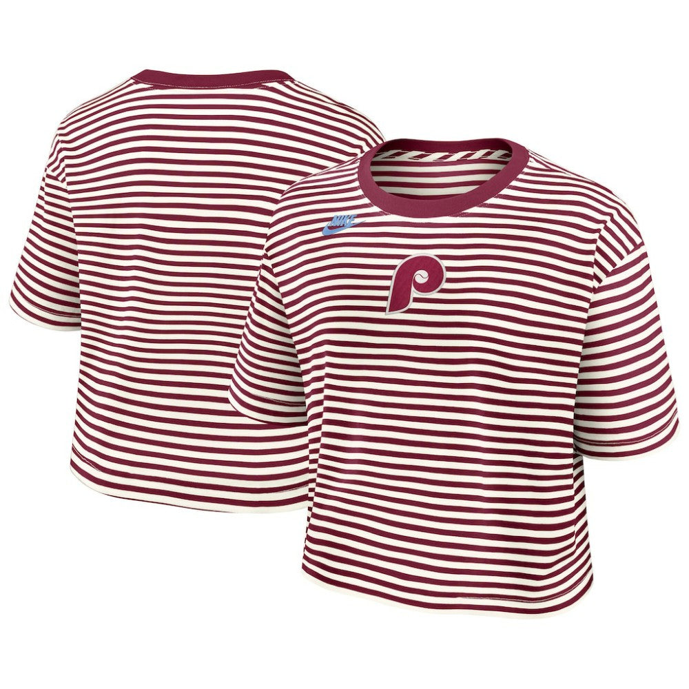 Philadelphia Phillies Women's Cooperstown Collection Striped Cropped T-Shirt Burgundy/Cream | Nike